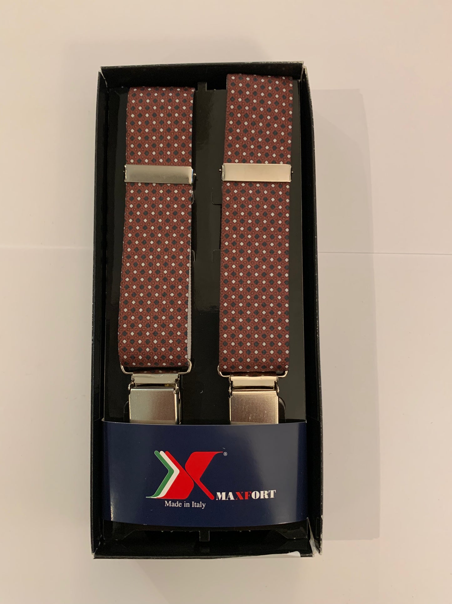 NARAMNICE ZA HLAČE Maxfort oversize QUADRO ROSSO tip X 130 cm širina 3,5 cm